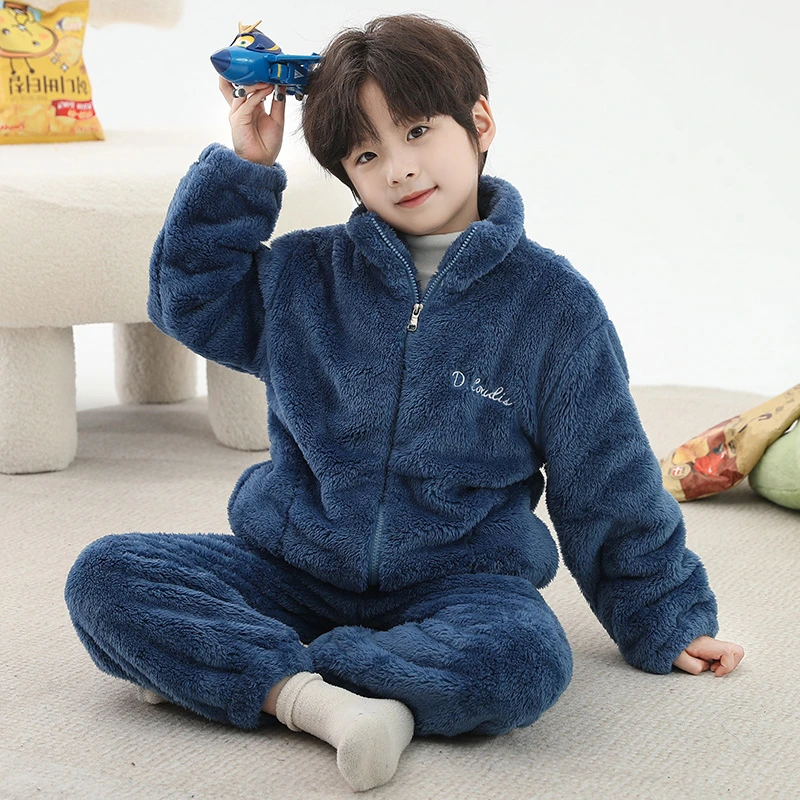 儿童睡衣男童珊瑚绒家居服外穿秋冬季加绒加厚男孩保暖套装秋冬款