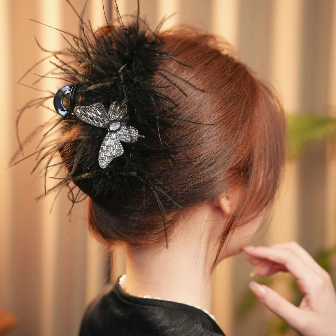 新款羽蝶刘海抓夹轻奢黑色羽毛精致发夹时尚11厘米抓夹显发量