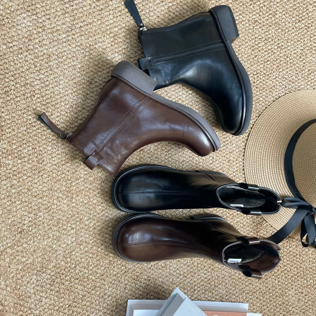 新款时装靴女鞋休闲圆头拉链中粗跟短靴6076