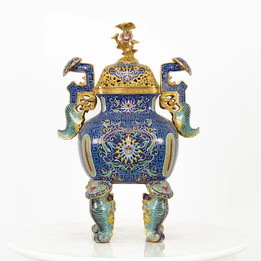 全铜  珐琅  八方狮足如意耳炉（小）摆件
