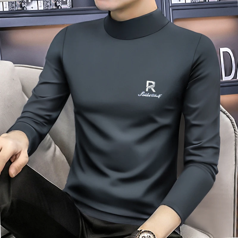 2023新款莫代尔 男士中领打底衫秋冬半高领长袖T恤内搭上衣服男装