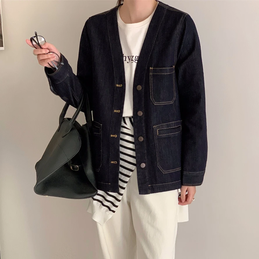 明星同款韩版宽松v领牛仔衣复古百搭时髦洋气时尚衬衫外套ins潮