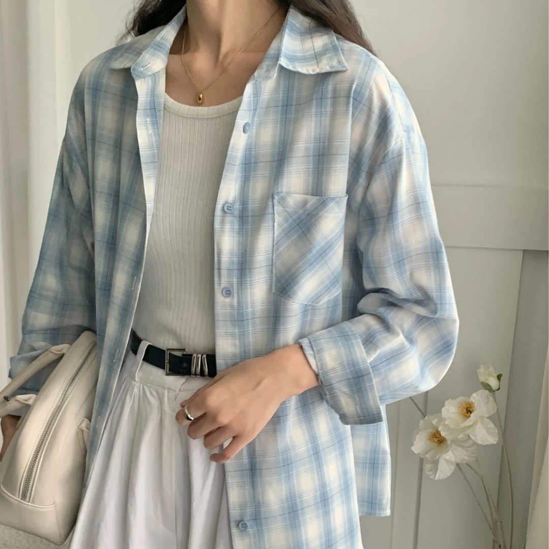 韩系慵懒风蓝色格子长袖衬衫女早秋小个子设计感休闲宽松衬衣外套