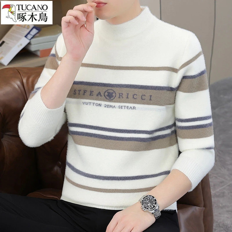 啄木鸟正品男士冬季仿貂绒毛衣韩版青年休闲针织衫加绒潮流打底衫