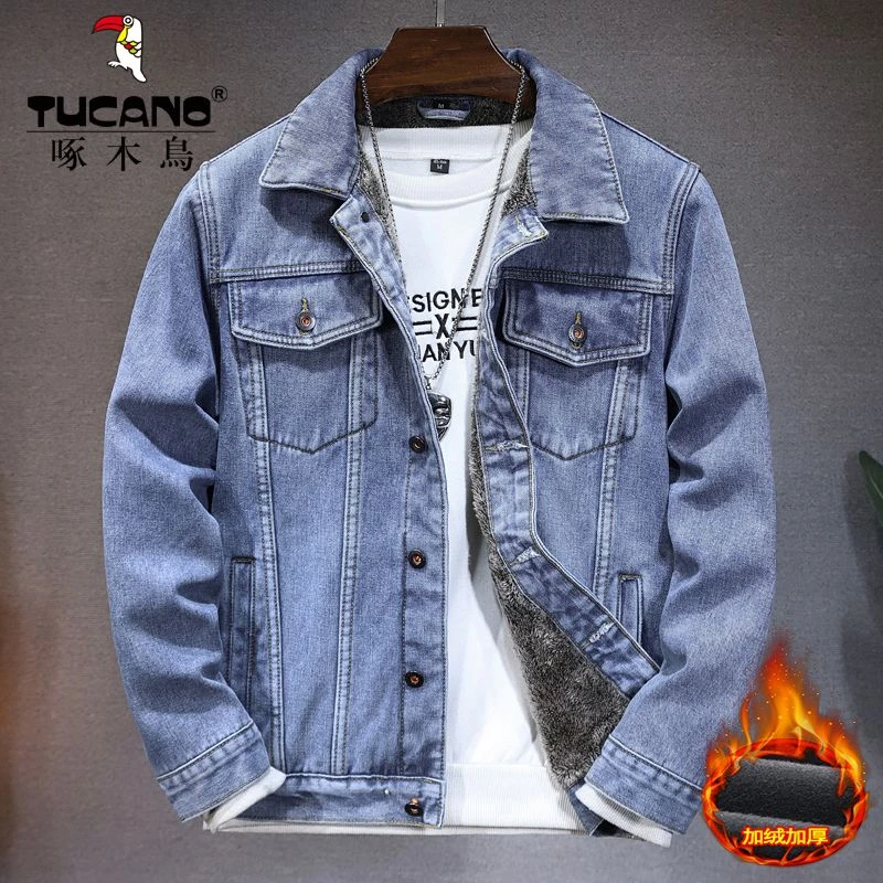 啄木鸟高档新款冬季男士牛仔外套加绒加厚宽松大码夹克帅气休闲装