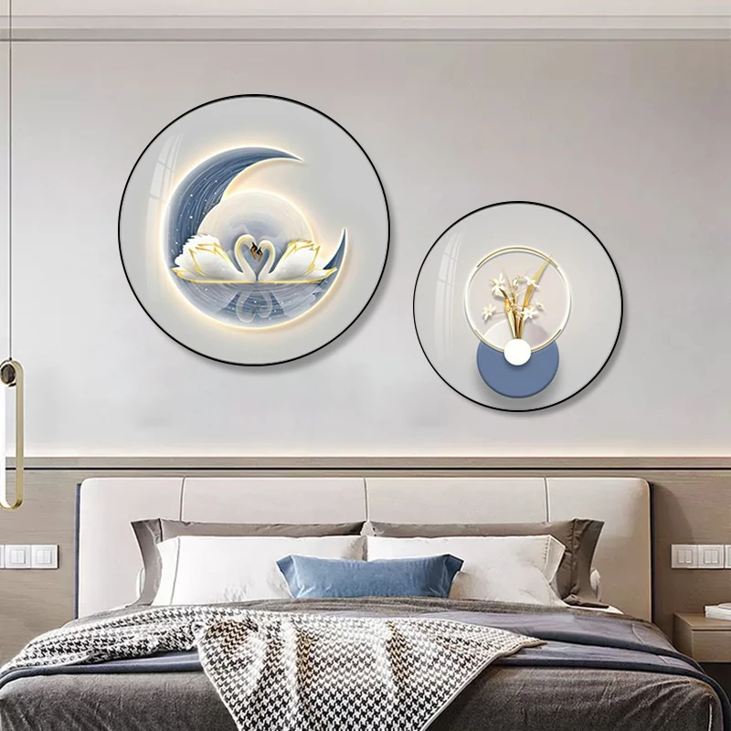 现代简约卧室装饰画轻奢风主卧背景墙挂画2024年新款床头圆形壁画