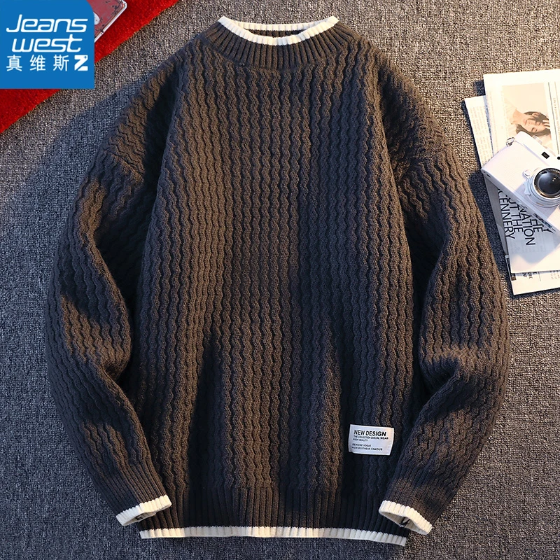 真维斯Z春秋冬季慵懒风圆领潮流休闲保暖宽松加厚套头毛衣男外套