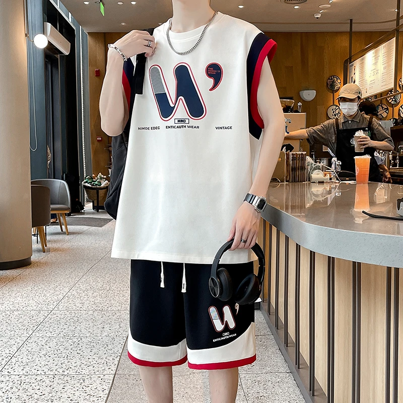 夏季男士青少年运动休闲无袖t恤背心短裤套装潮流帅气宽松两件套