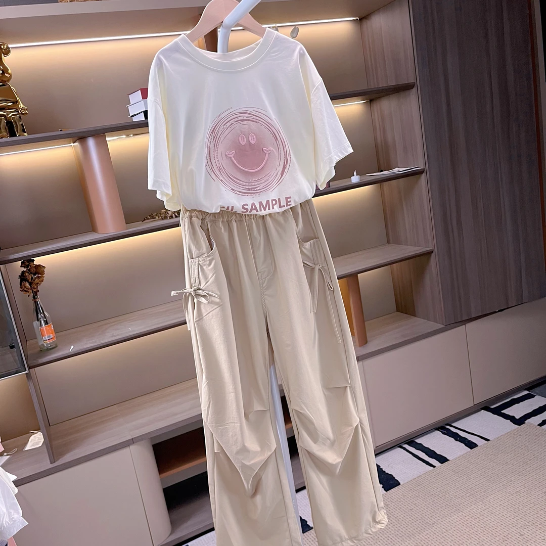 2024夏款女童套装粉红色笑脸 短袖新款儿童大童装夏季卡其色长裤