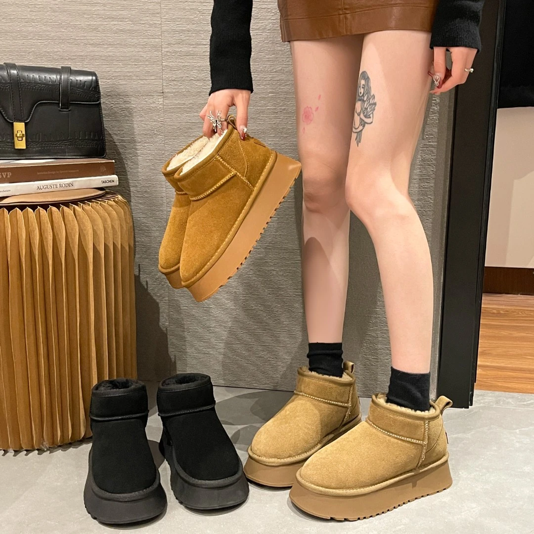 软皮厚底雪地靴女2022年新款加绒加厚保暖棉鞋女冬季增高迷你短靴