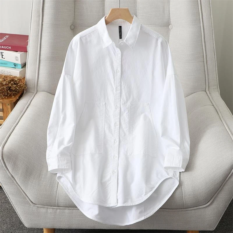 欧美春秋新款宽松中长款棉牛津纺衬衣女韩版时尚休闲显瘦白衬衫