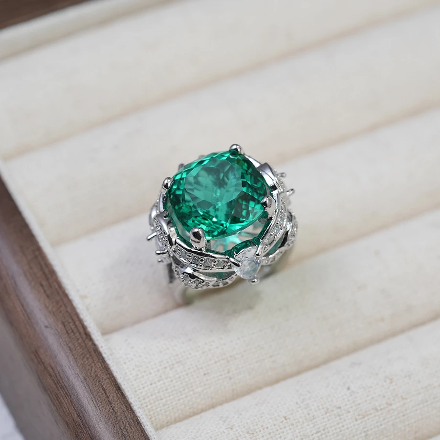 铜合金戒指 海蓝绿色吊坠复古中古百搭戒指轻奢精致绿钻戒指-时尚