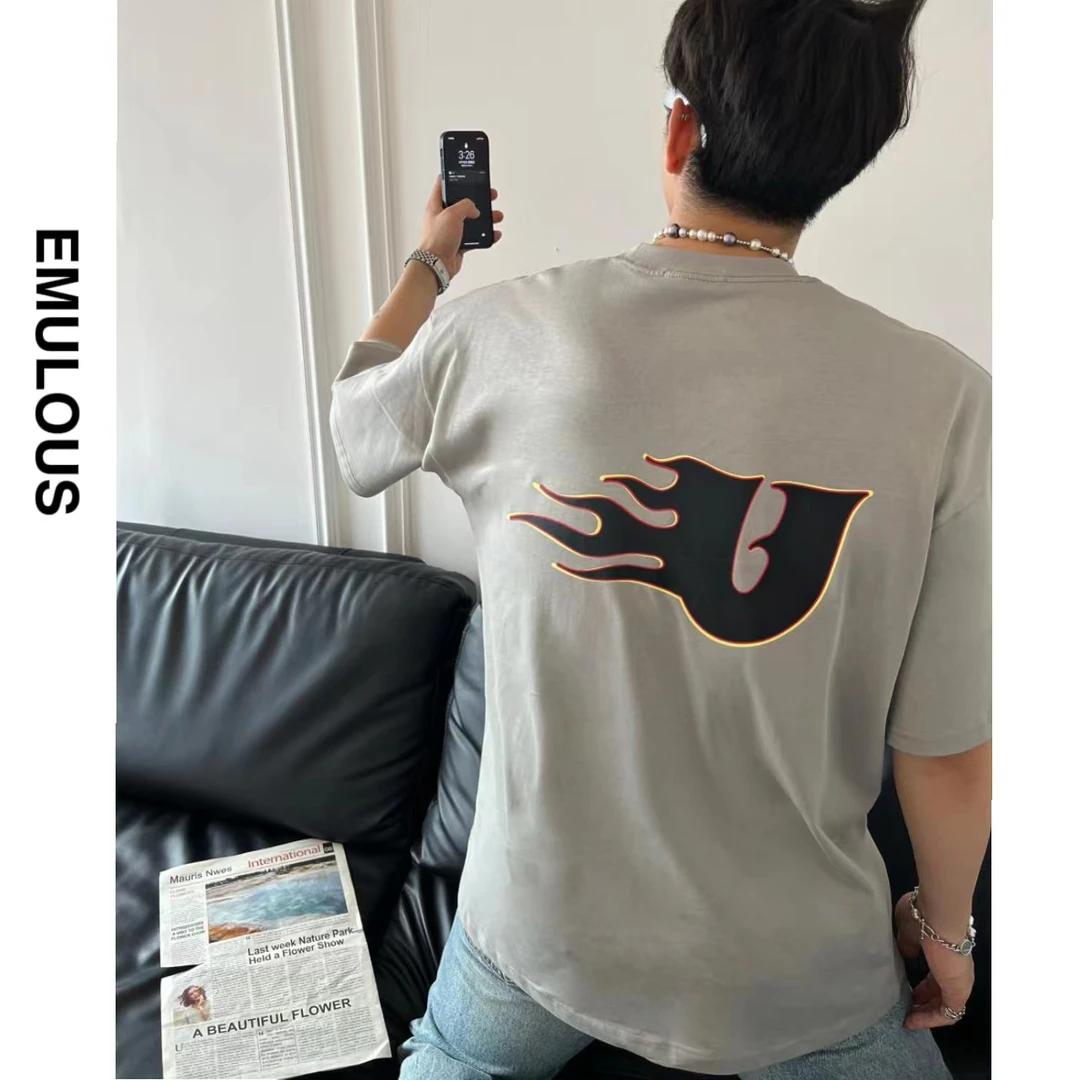 EMULOUS 280g夏季新款火焰字母设计美式复古圆领宽松情侣T恤短袖