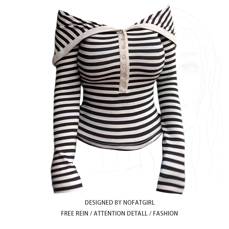 大码胖妹妹甜辣风条纹撞色一字肩T恤女秋季新款修身显瘦翻领上衣