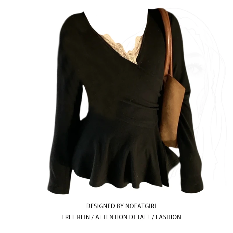 大码胖MM纯欲风蕾丝拼接长袖T恤女秋冬季新款收腰显瘦打底衫上衣