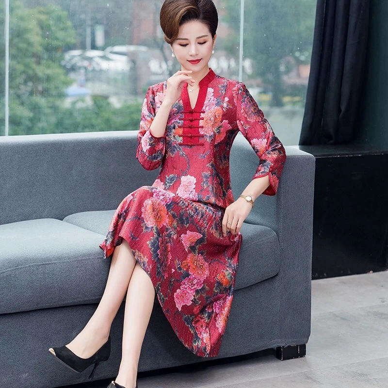 胖妈妈民族风女装褶皱连衣裙旗袍1901