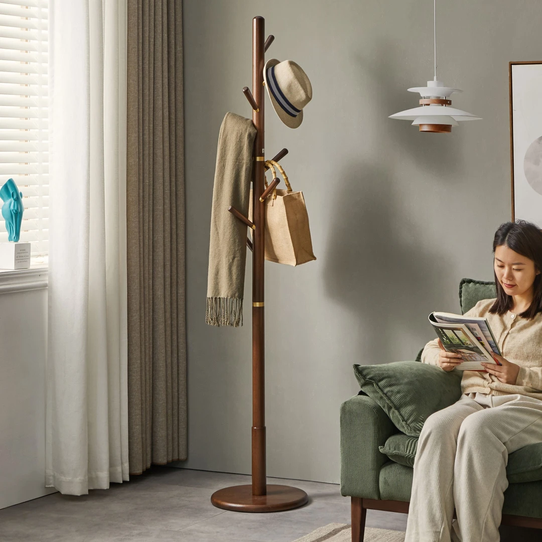 【铜素衣架】实木单杆衣帽架落地家用新中式客厅简约北欧衣服架轻奢