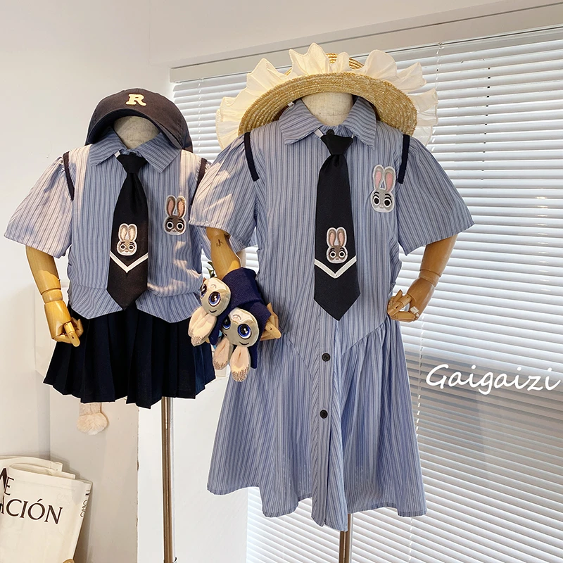 GZ-子装可甜可盐条纹刺绣2024夏中大童短袖上衣+百褶裙两件套