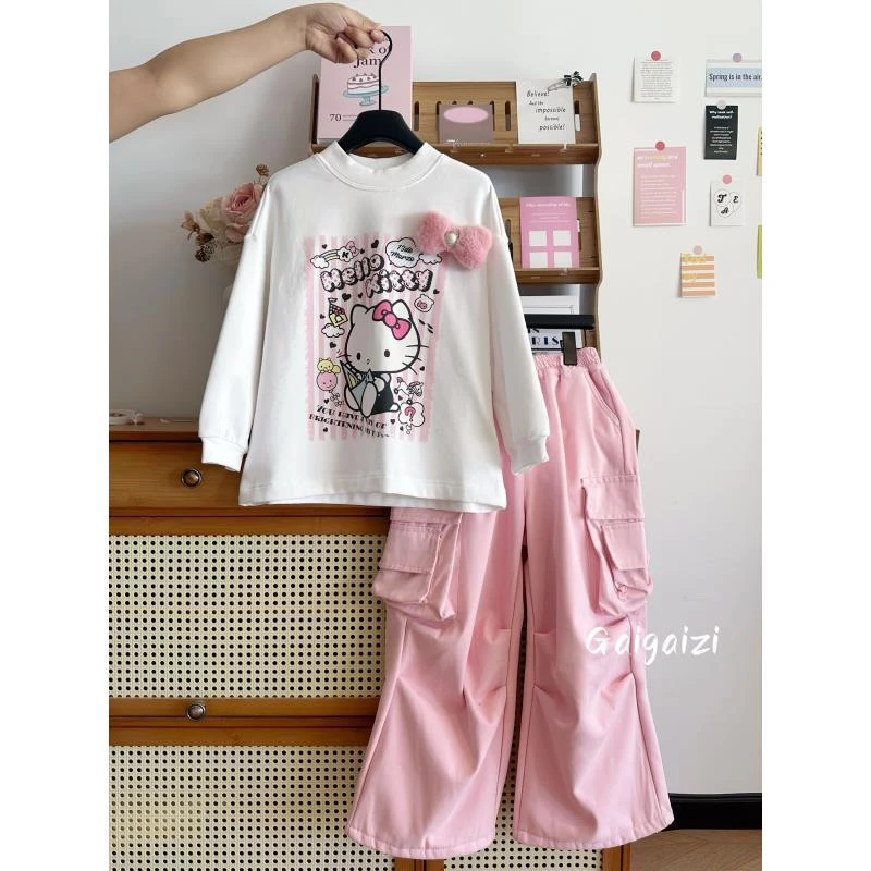 【13D的凯蒂】2024秋女中大童立体卡通长袖卫衣+设计感工装裤套装