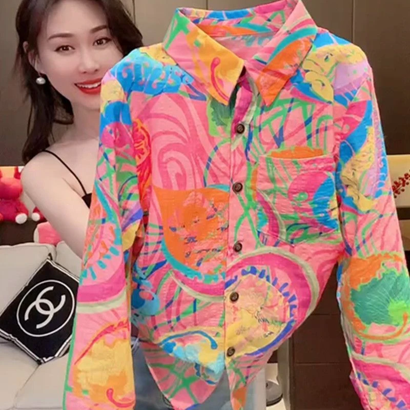 新款长袖上衣女高档印花开衫衬衣POLO高端简约春夏宽松气质ins