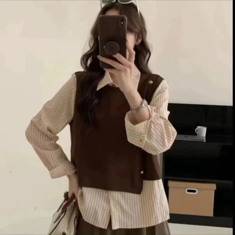 欧货设计感不规则假两件条纹长袖衬衫女2025秋季新款宽松休闲上衣