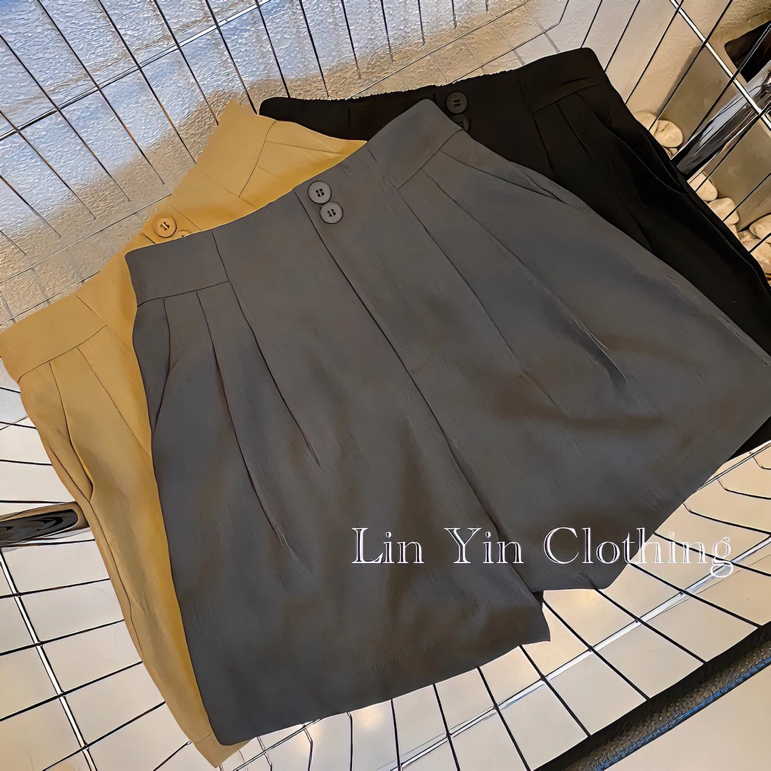 达人甄选-夏季松紧腰冰丝西装短裤女时尚百搭遮肉显瘦高腰休闲裤