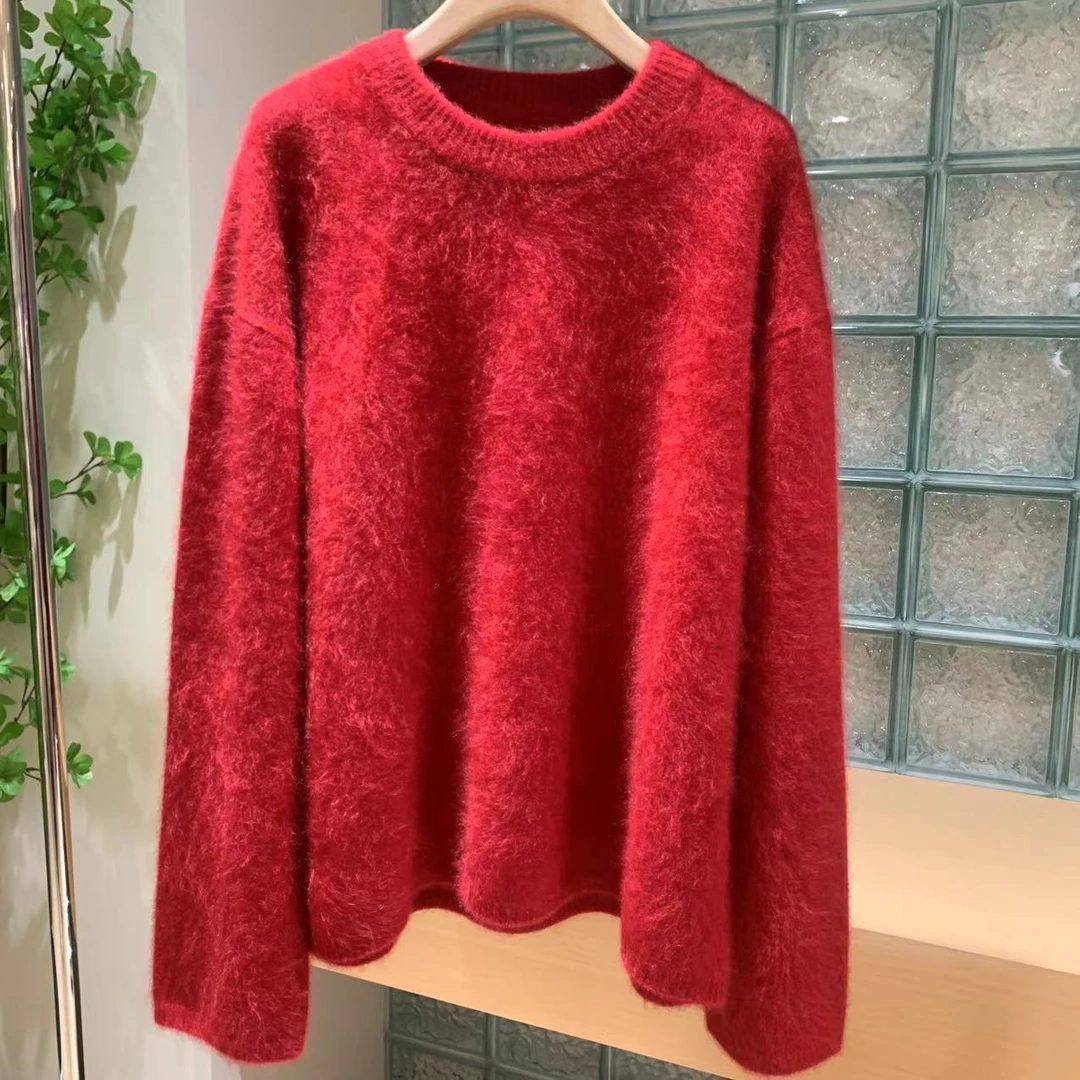 【爷爷泡的茶】100%山羊绒款秋冬纯色宽松女款圆领针织套衫96090