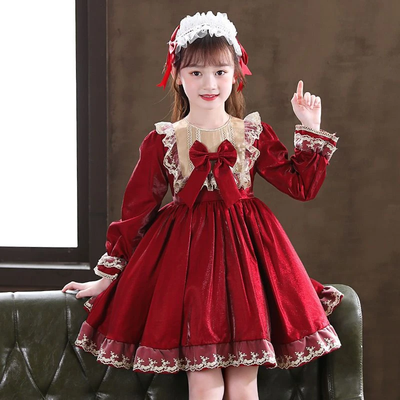 女童裙子秋冬加绒洛丽塔公主裙冬季女孩衣服儿童连衣裙时髦拜年服