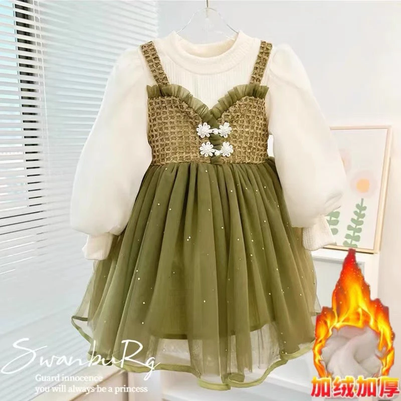 女童加绒连衣裙秋冬装新款洋气女孩假两件公主裙儿童生日礼服裙子