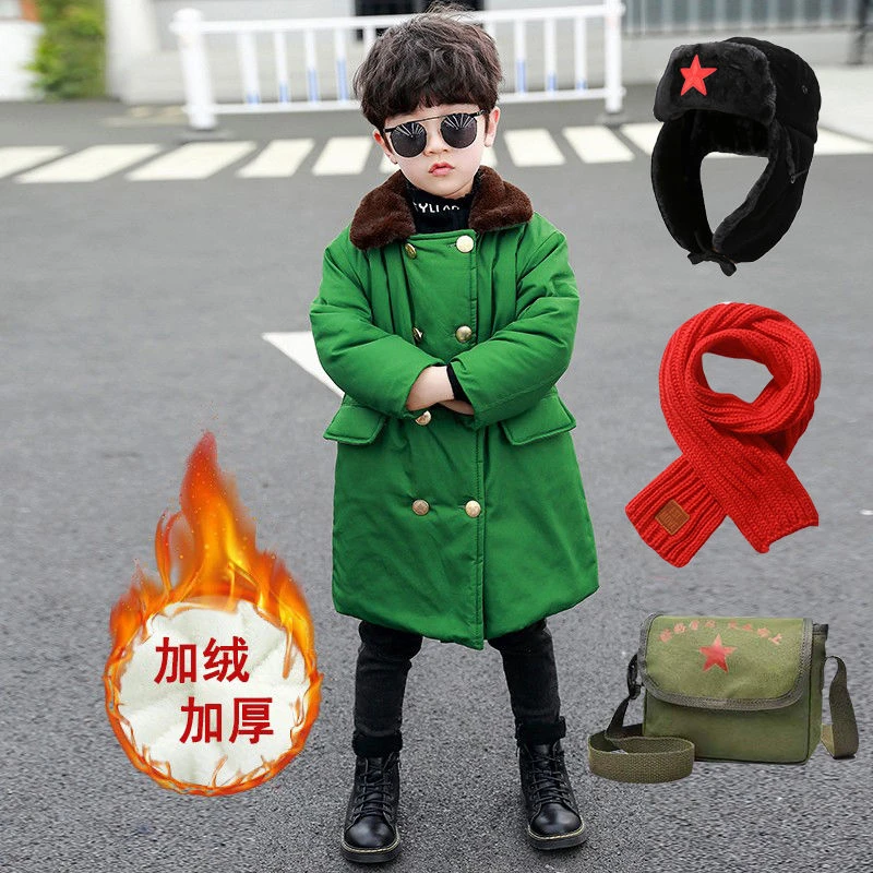儿童军大衣老款绿色衣男女童加绒加厚宝宝东北服小孩袄