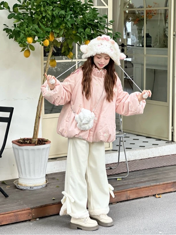 灵灵【麋鹿森林1】棉服外套花苞棉袄加绒加厚刺绣立领宽松可爱上衣