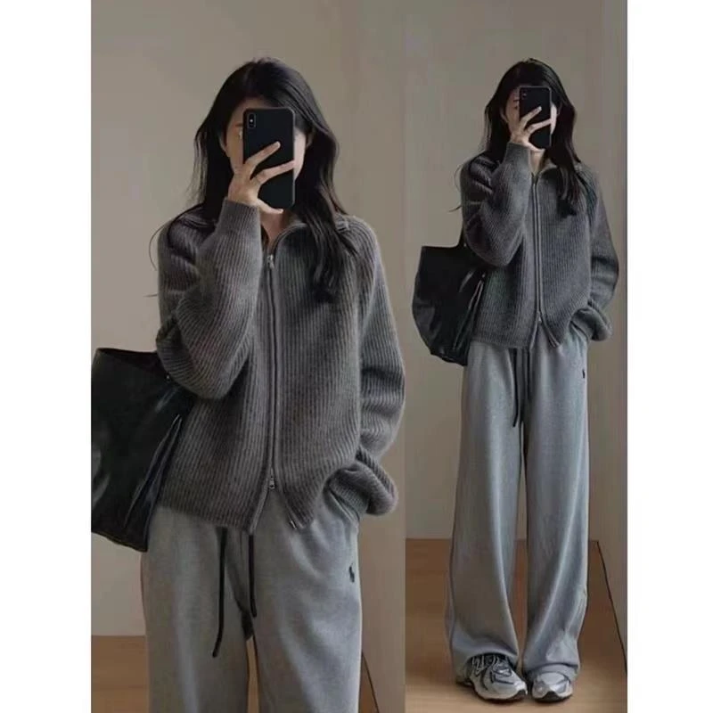 SYY毛衣女复古港味韩版翻领拉链开衫慵懒风宽松加厚外套