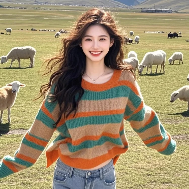 秋冬独特别致撞色条纹慵懒风毛衣针织打底衫女设计感新款长袖上衣