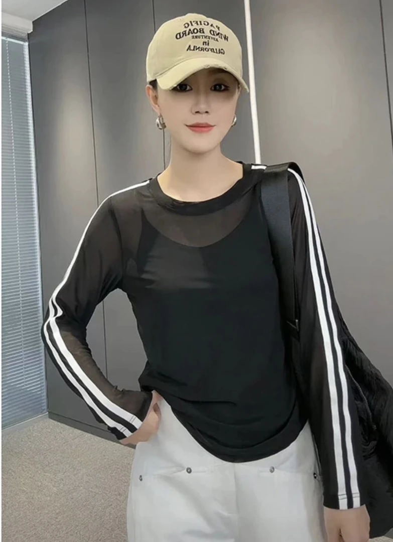 小心机性感微透二条杆网纱T恤女薄款防晒罩衫2024夏新款条纹上衣