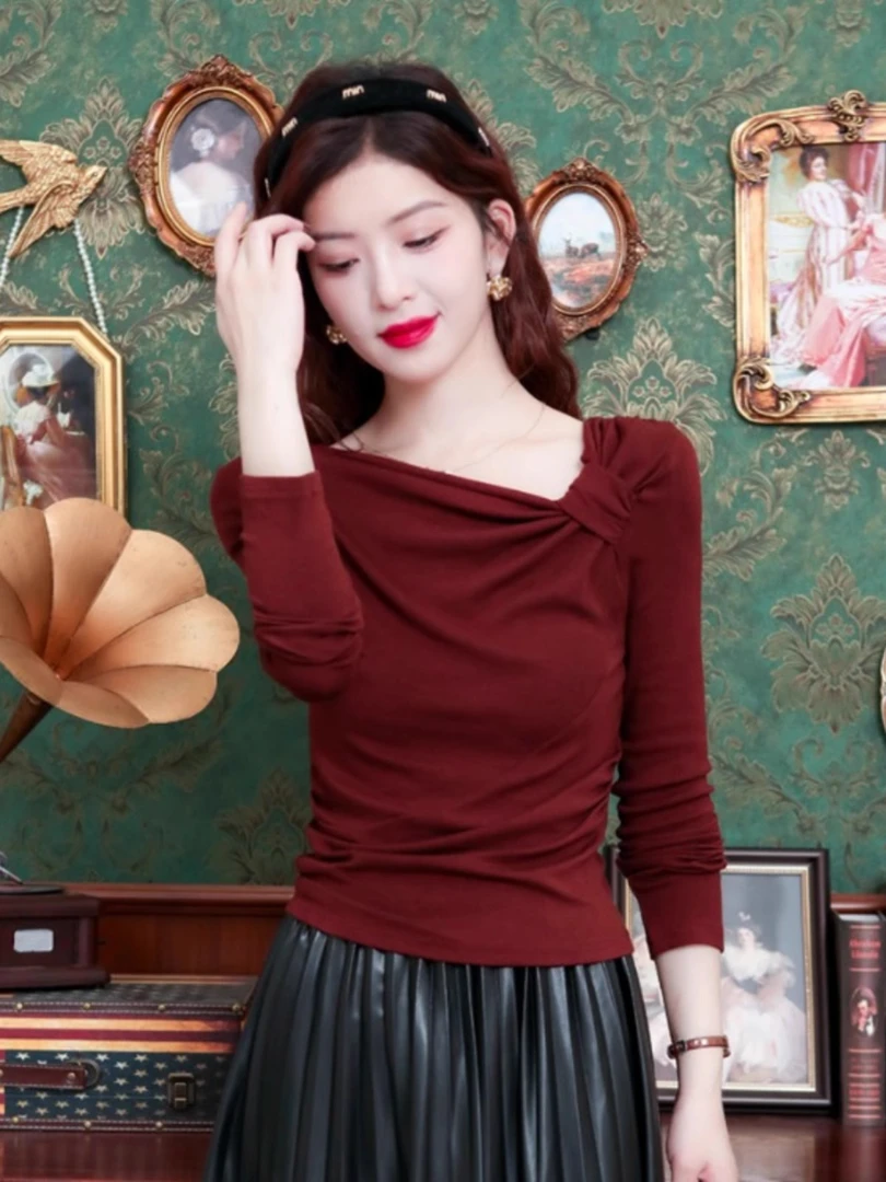 法式褶皱斜领长袖t恤女秋季新款洋气独特别致修身内搭打底衫上衣