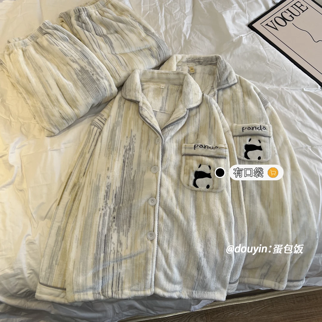 【当天发货】法兰绒可爱熊猫情侣睡衣秋冬季新款加绒加厚保暖家居服