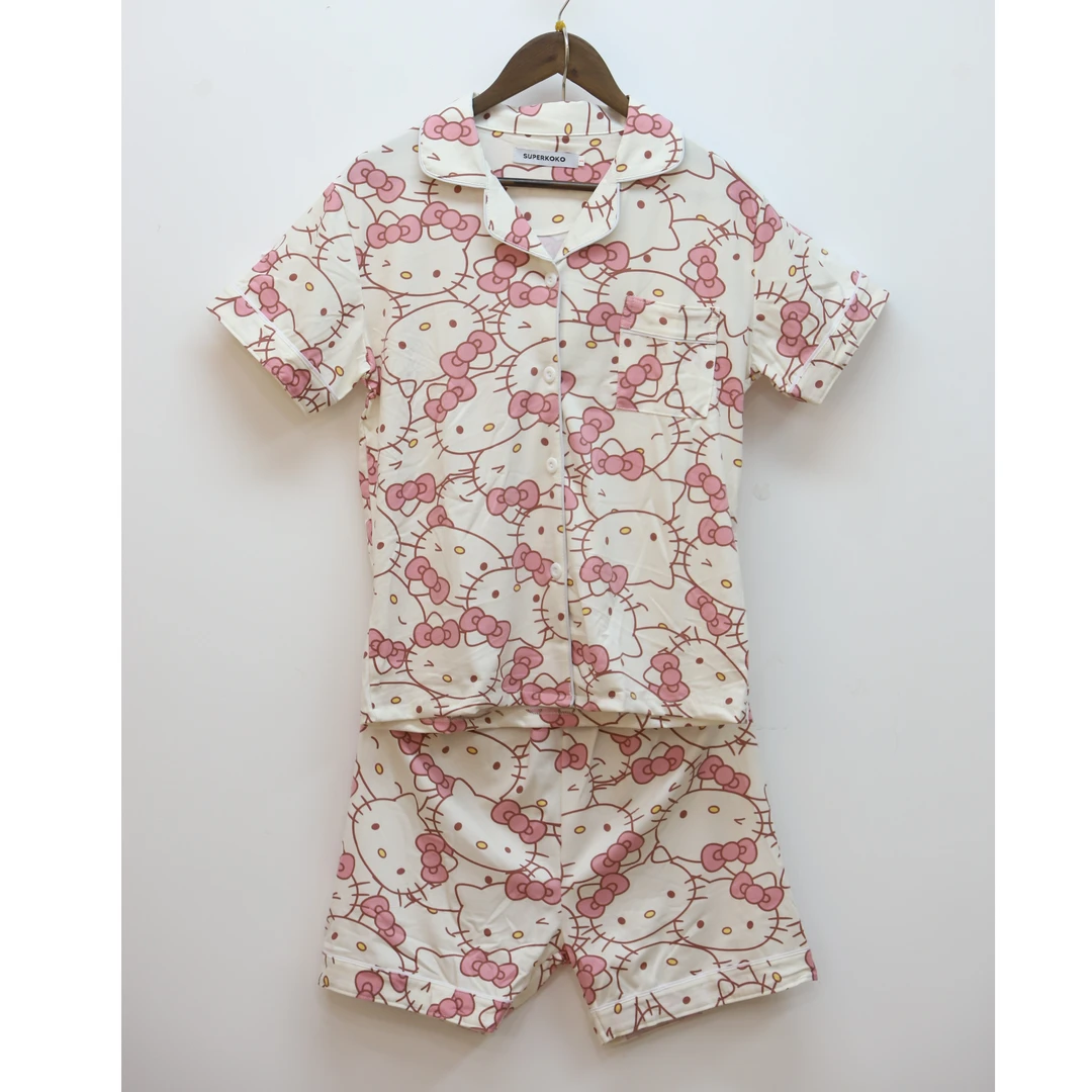 【当天发货】日系可爱好多猫睡衣女夏季三件套甜美卡通短袖家居服