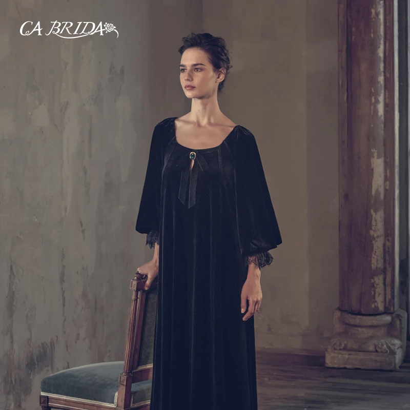 CA BRIDA【巴黎情人】秋冬显瘦性感蕾丝复古中长款金丝保暖长袖睡裙