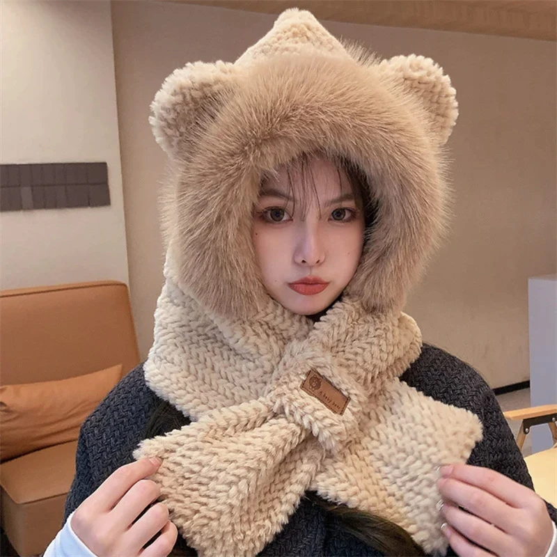 可爱小熊帽子围巾一体女加厚百搭帽子毛绒加绒骑车护耳防风保暖帽