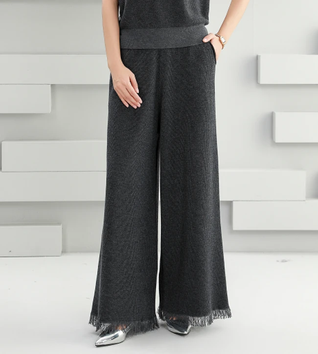 正品【今彩家】 58981黑色秋冬新款大码显瘦气质流苏阔腿裤