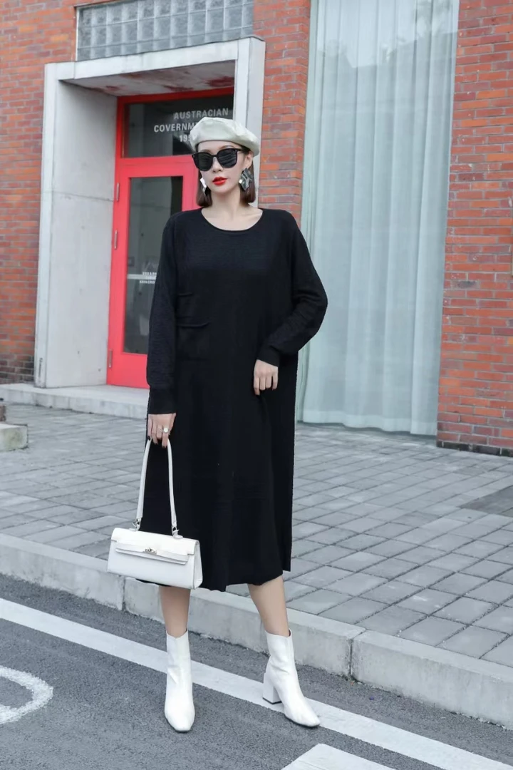 新品【今彩家】7109黑色 秋冬圆领时尚宽松大码气质连衣裙