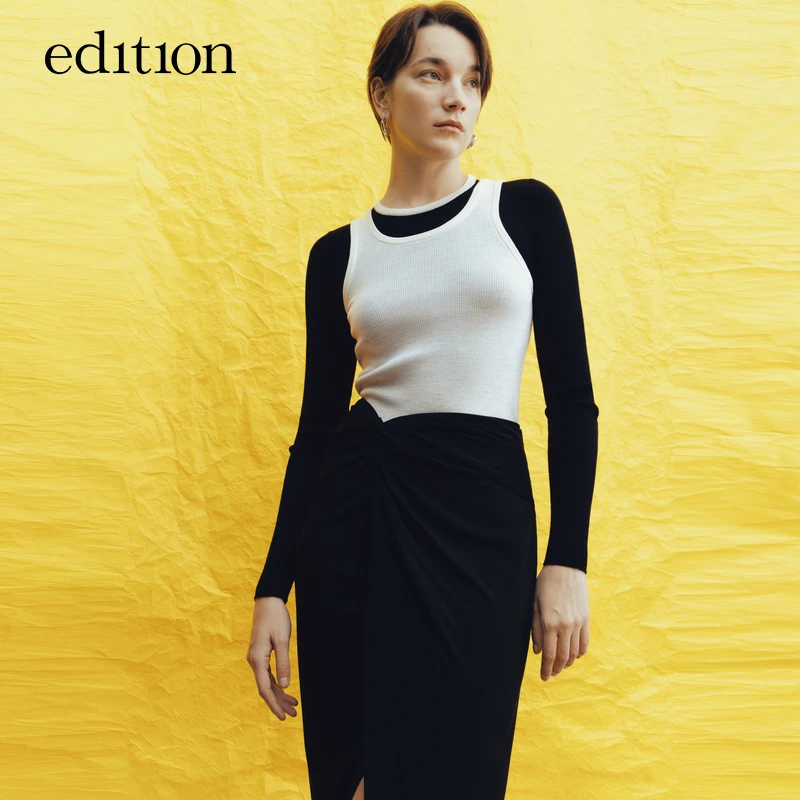 edition毛织两件套女撞色背心长袖绵羊毛衫时尚针织#EBC3SWTT09