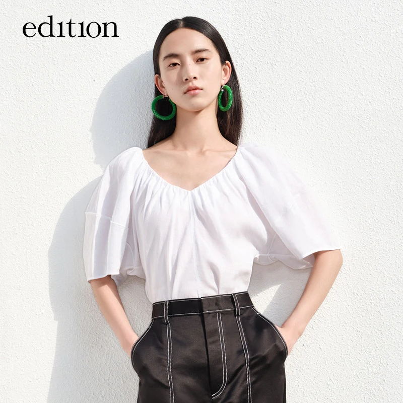 edition亚麻上衣女夏气质设计感缩褶V领立体短袖#EBB2TOP006