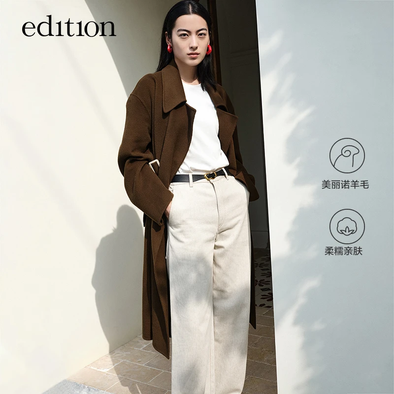 edition风衣式收腰毛呢大衣外套女冬中长款美丽诺羊毛#EBA4OVC005