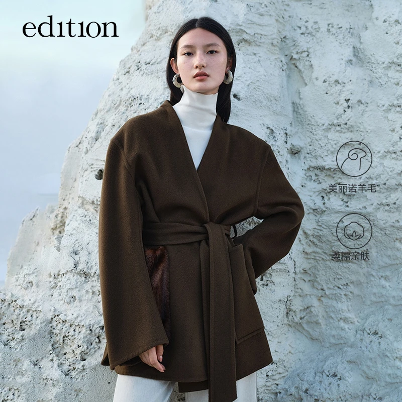 edition短款双面毛呢大衣款秋冬气质毛毛口袋无领外套#EBA4COT013