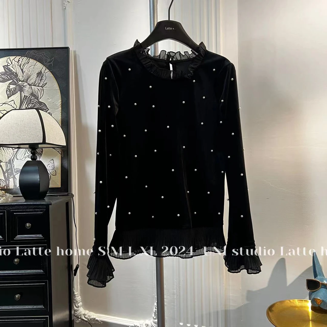 （夜魅珠上衣）流行款小香风名媛气质重工钉珠镶钻衫金丝绒拼接百搭