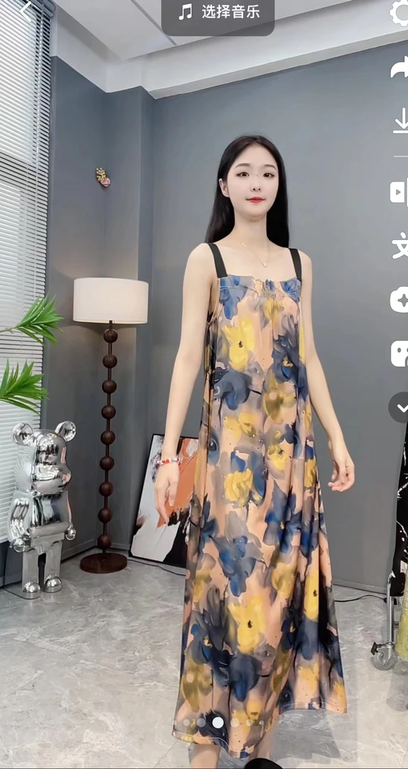 【花语宽肩带吊带裙】901女装连衣裙中长款夏季时尚气质百搭复古