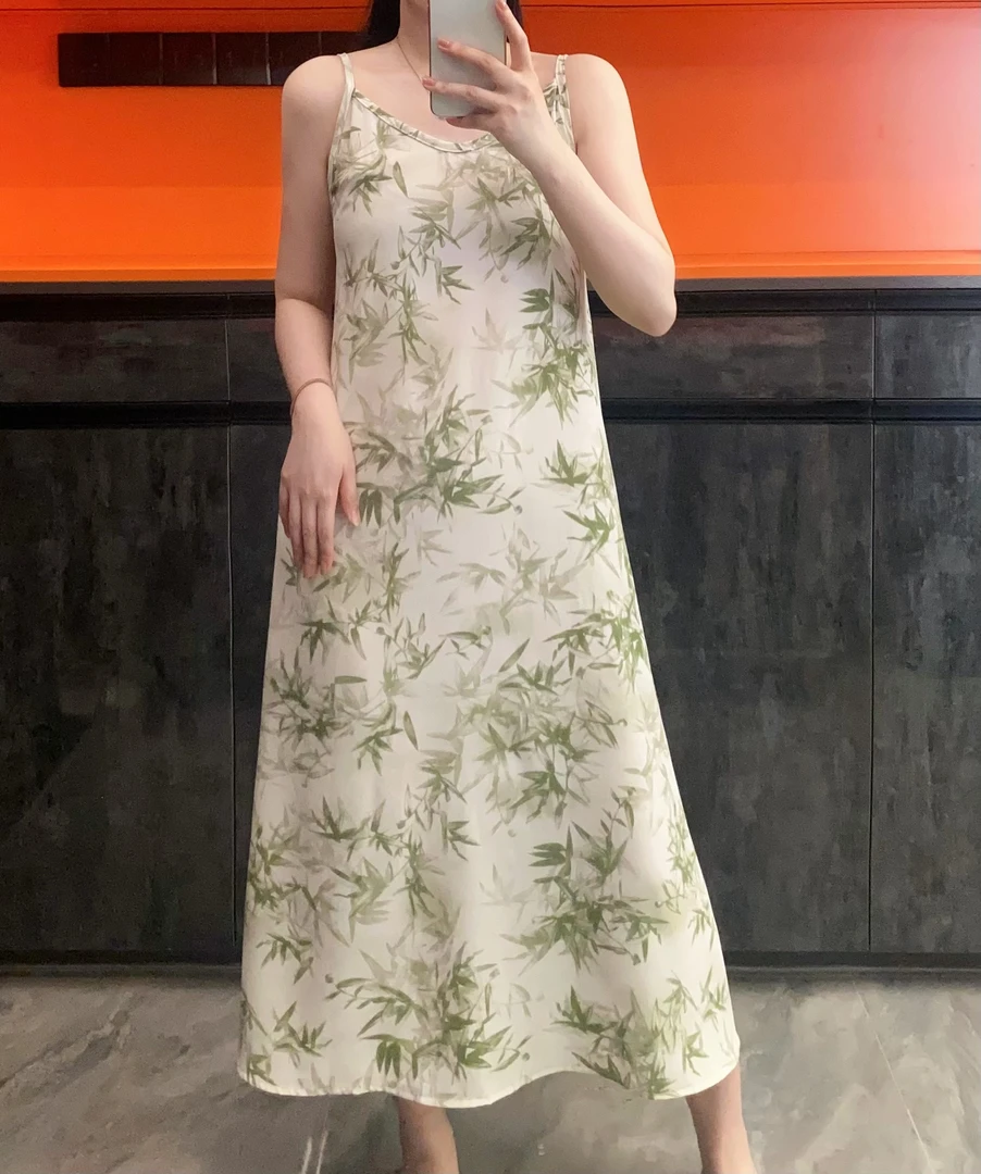 绿影竹吊带裙82159绿色夏季长款设计师印花夏款新中式