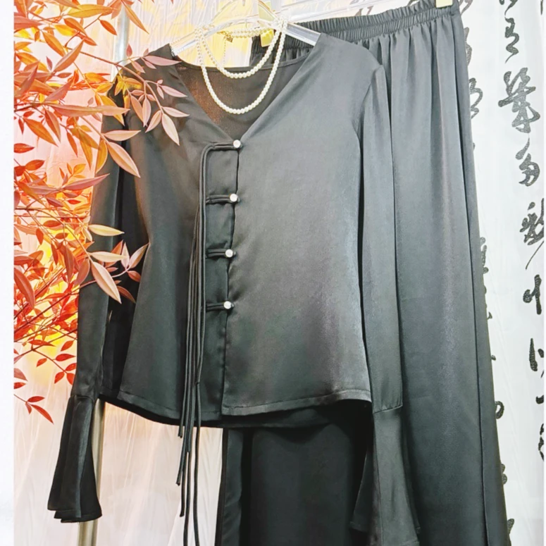 0758新中式时尚国风套装2024春季新款上衣+高腰显瘦半身裙中国风