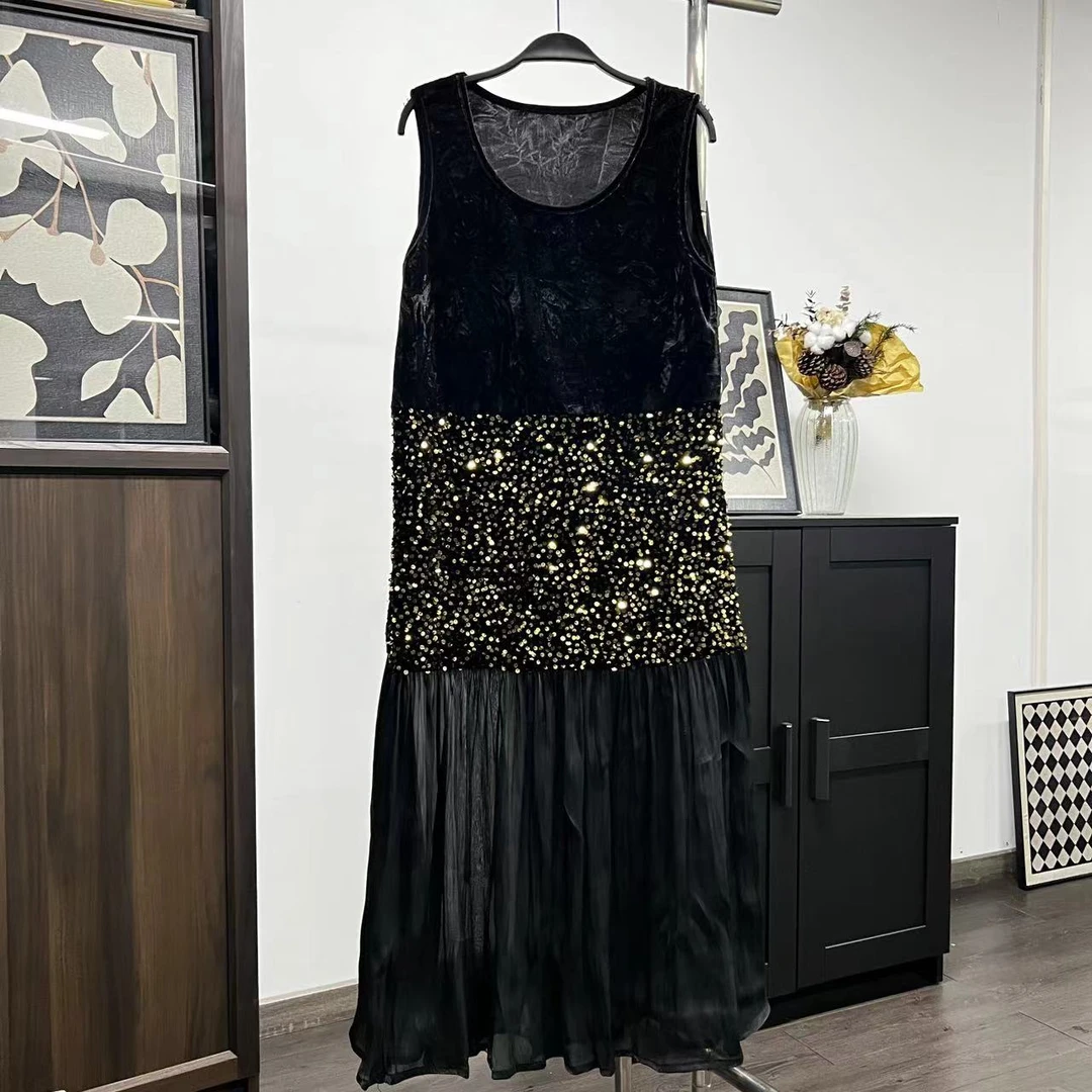 【美姬】2024新款法式秋冬叠穿背心丝绒拼接连衣裙气质高级感亮片裙